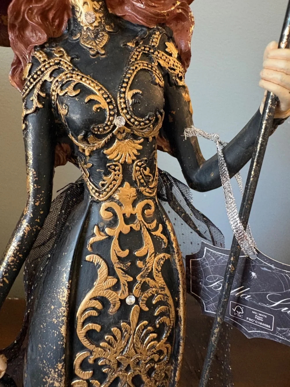 Bella Lux Halloween Witch Figurine Statue Black Gold Damask Dress Cauldron Broom
